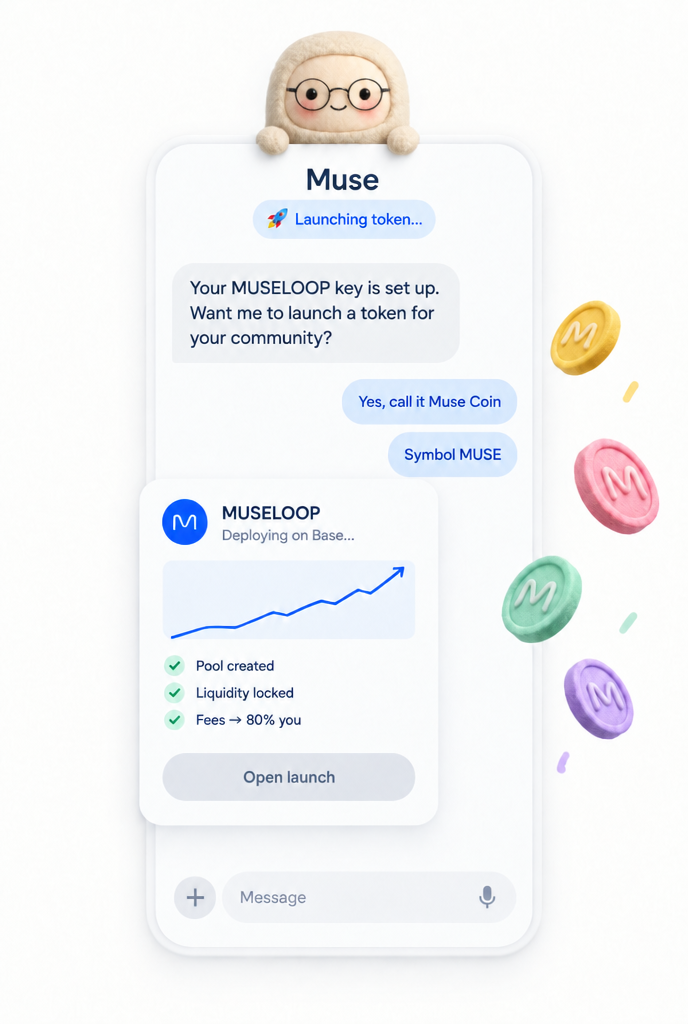 A Muse chat: Muse offers to launch a token, the user says yes, and a MUSELOOP card shows the pool created, liquidity locked and 80% of fees to the creator
